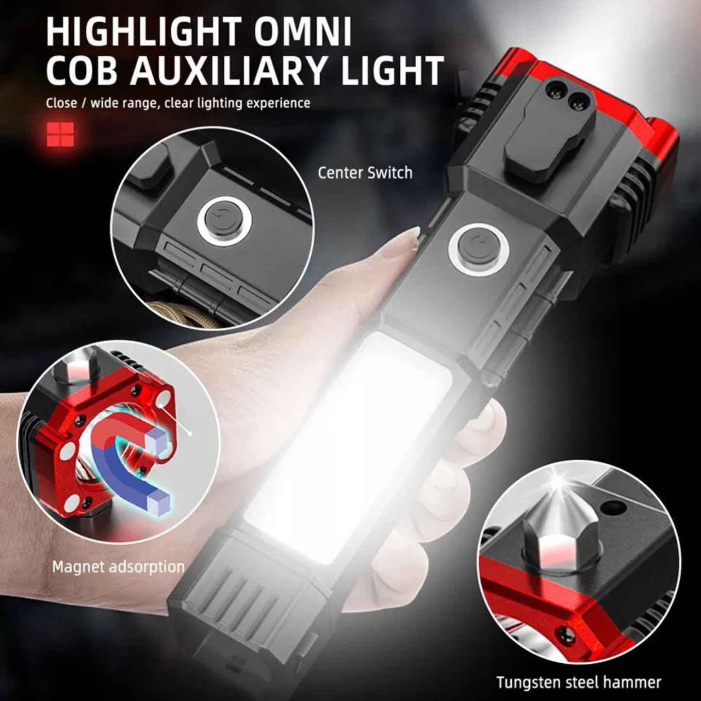 3W LED Rechargeable Flashlight – Portable Emergency Torch with Safety Hammer & Window Breaker