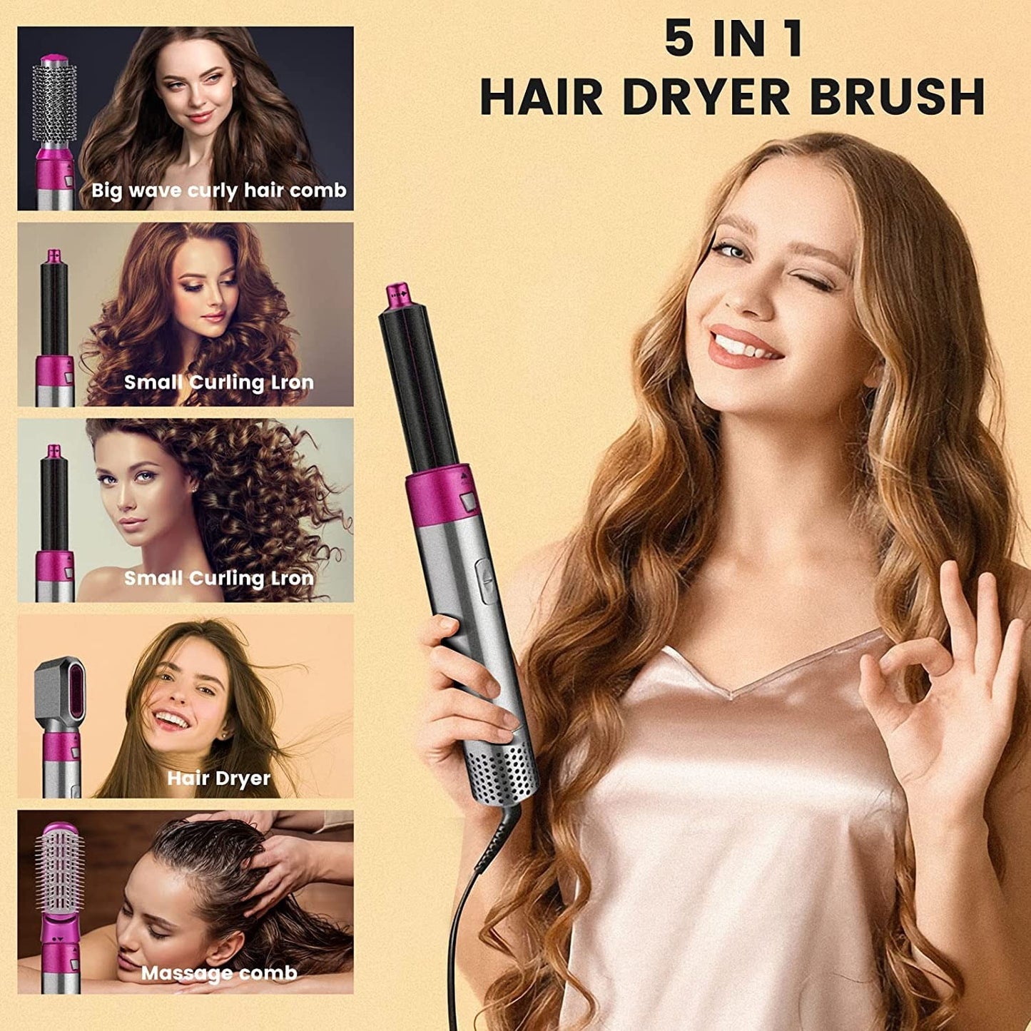5-in-1 Hair Styler Tool – Multi-Function Hair Dryer Brush Set with Curling, Straightening & Volumizing Attachments